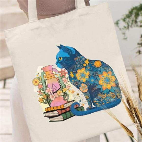 Canvas Tote Bag for Women Aesthetic Cute Cat Shopping Grocery Reusable Bag - Picture 2 of 6